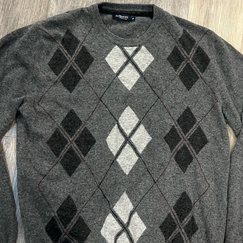 Re del mare made in Italy gray argyle crewneck wool cashmere sweater Medium